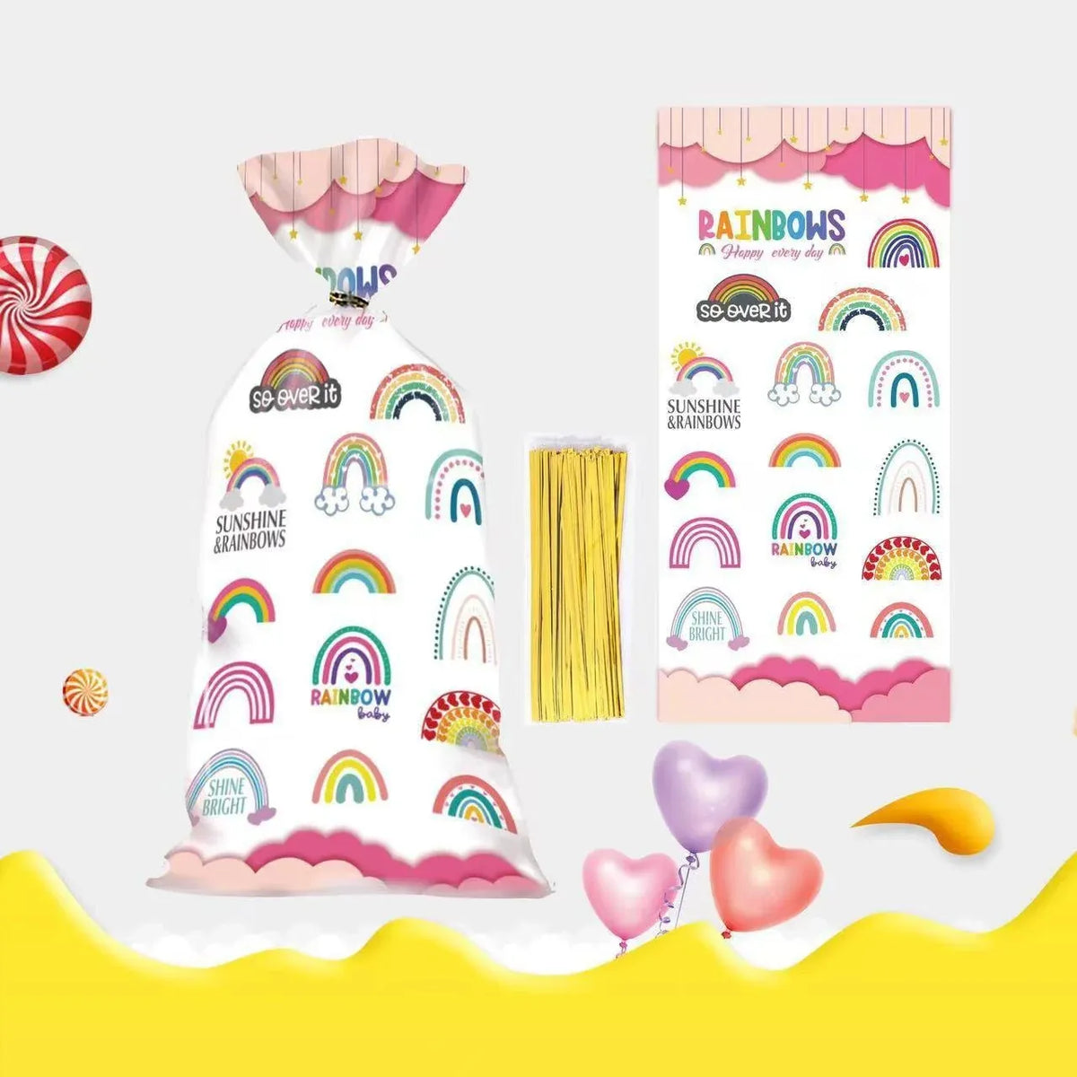 Rainbow Party Candy Bags 150 Pack with Gold Twist Ties 27.5 x 13 cm