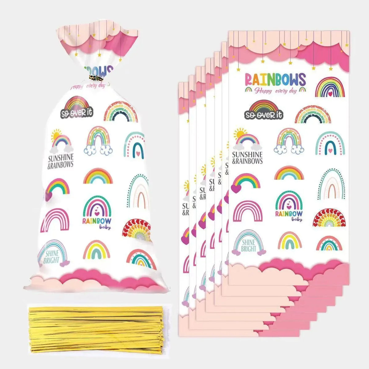 Rainbow Party Candy Bags 150 Pack with Gold Twist Ties 27.5 x 13 cm