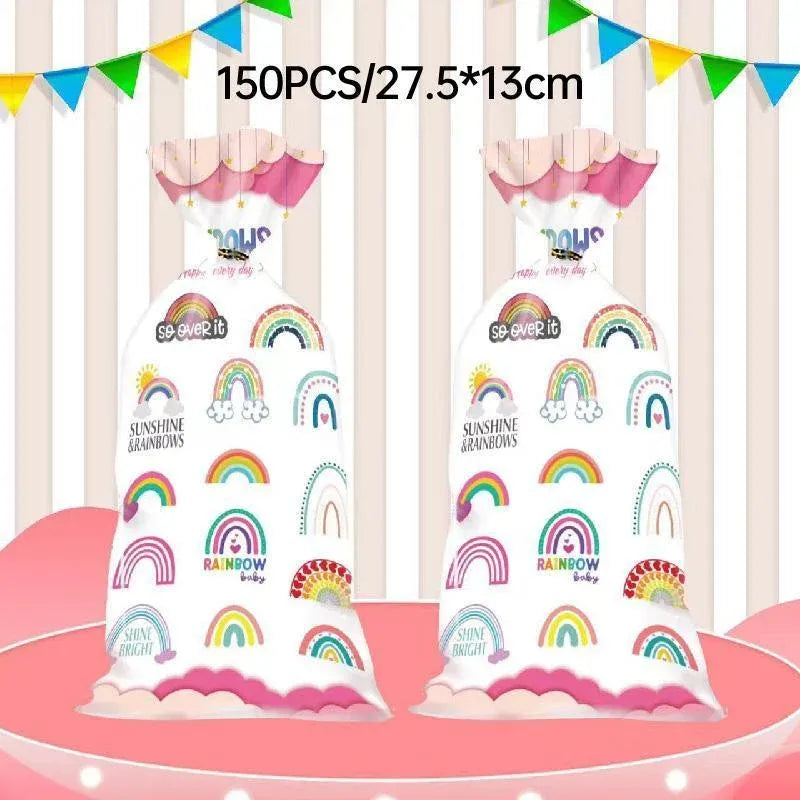 Rainbow Party Candy Bags 150 Pack with Gold Twist Ties 27.5 x 13 cm