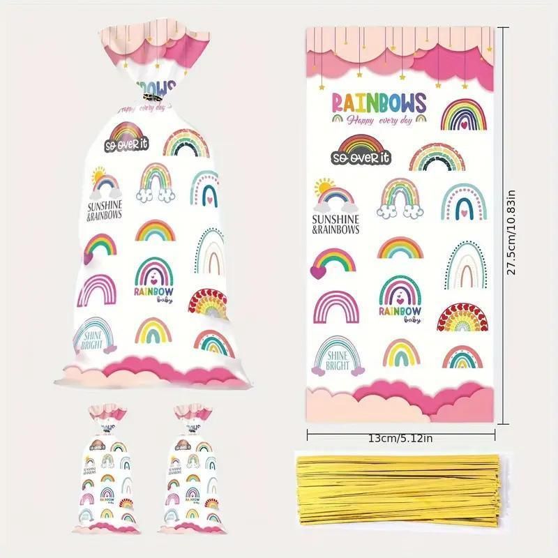Rainbow Party Candy Bags 150 Pack with Gold Twist Ties 27.5 x 13 cm