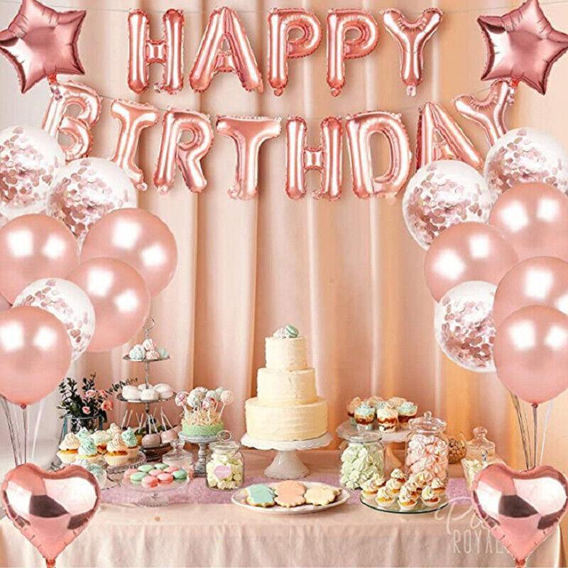 Party Supplies: Rose Gold Birthday Balloon Party Decoration Set with Confetti Latex Foil Curtain