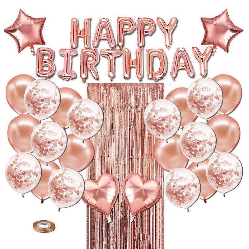 Party Supplies: Rose Gold Birthday Balloon Party Decoration Set with Confetti Latex Foil Curtain
