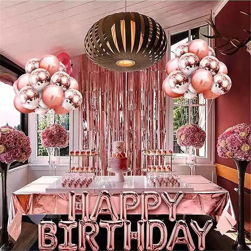 Party Supplies: Rose Gold Birthday Balloon Party Decoration Set with Confetti Latex Foil Curtain