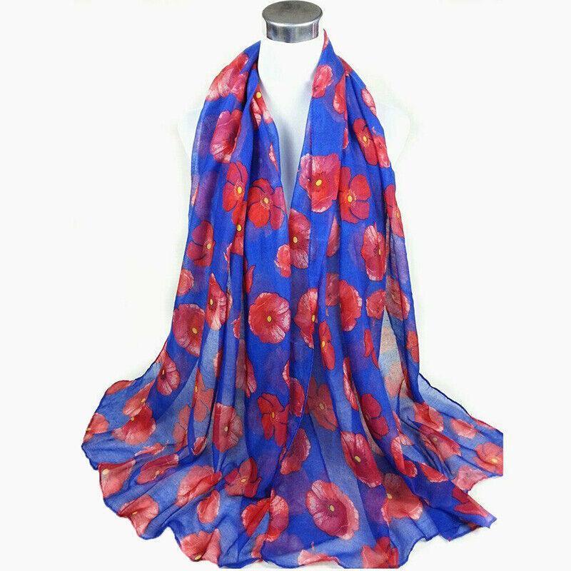 Women's Accessories: Women Ladies Poppy Print Floral Scarf Remembrance Day Poppies Scarves Wrap Shawl - Royal Blue