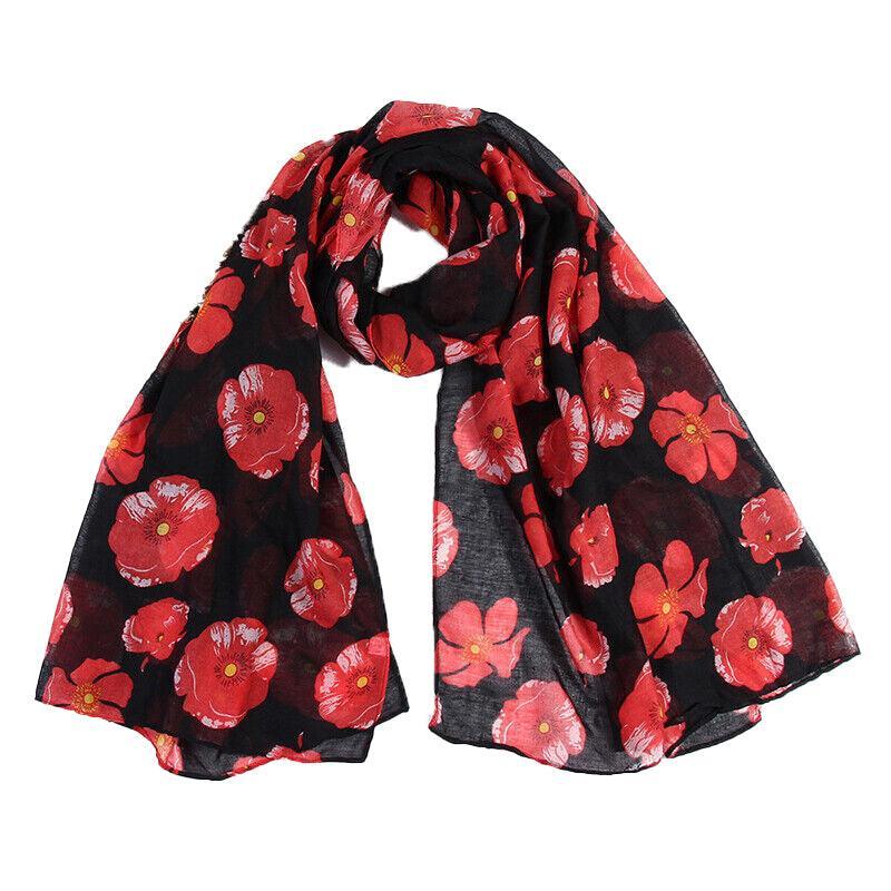 Women's Accessories: Women Ladies Poppy Print Floral Scarf Remembrance Day Poppies Scarves Wrap Shawl - Royal Blue