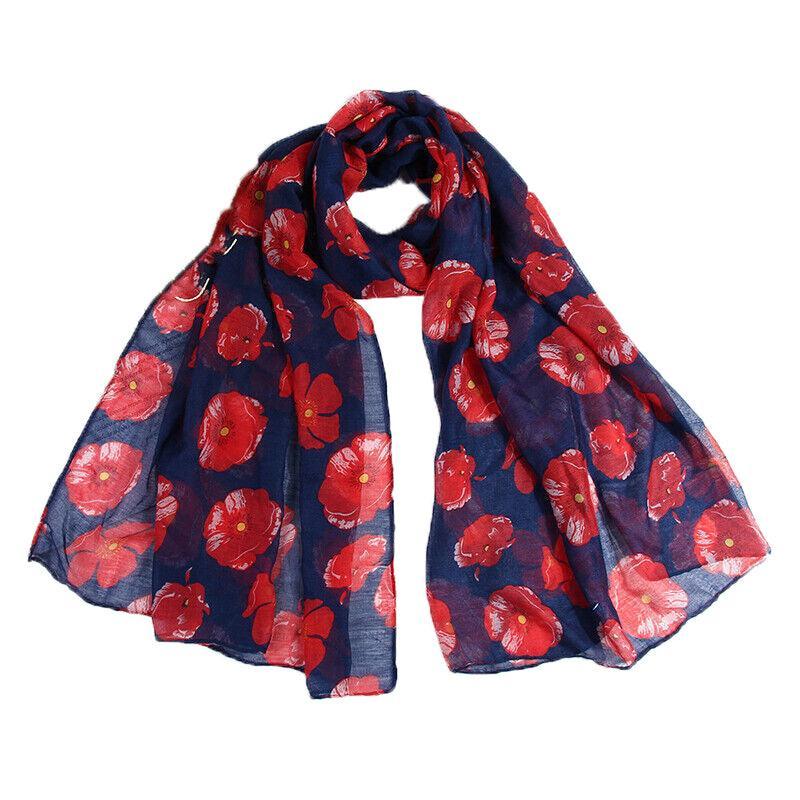 Women's Accessories: Women Ladies Poppy Print Floral Scarf Remembrance Day Poppies Scarves Wrap Shawl - Royal Blue