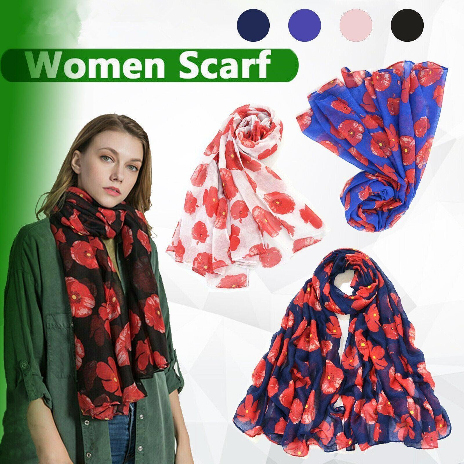 Women's Accessories: Women Ladies Poppy Print Floral Scarf Remembrance Day Poppies Scarves Wrap Shawl - White