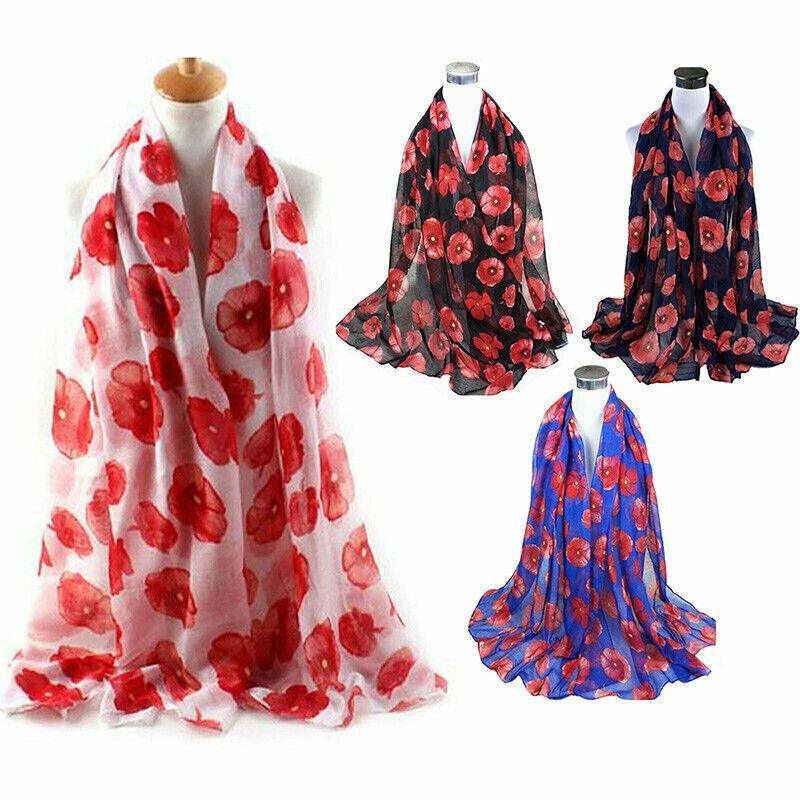 Women's Accessories: Women Ladies Poppy Print Floral Scarf Remembrance Day Poppies Scarves Wrap Shawl - White