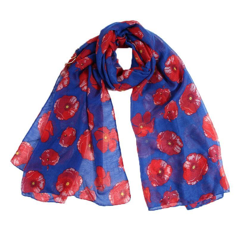 Women's Accessories: Women Ladies Poppy Print Floral Scarf Remembrance Day Poppies Scarves Wrap Shawl - White
