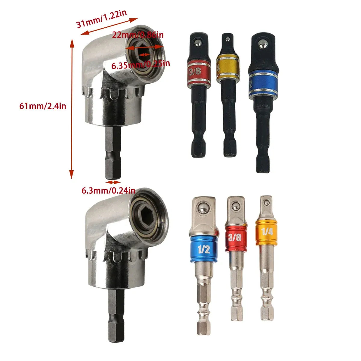 Socket Adapter Set Hex Shank to 1/4in 3/8in 1/2in Impact Driver Drill 3pcs - Black