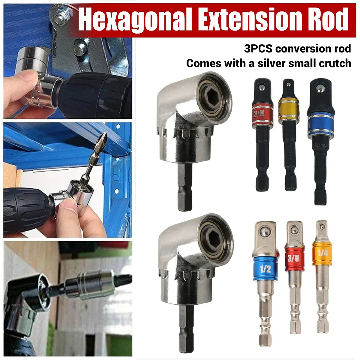 Socket Adapter Set Hex Shank to 1/4in 3/8in 1/2in Impact Driver Drill 3pcs - White