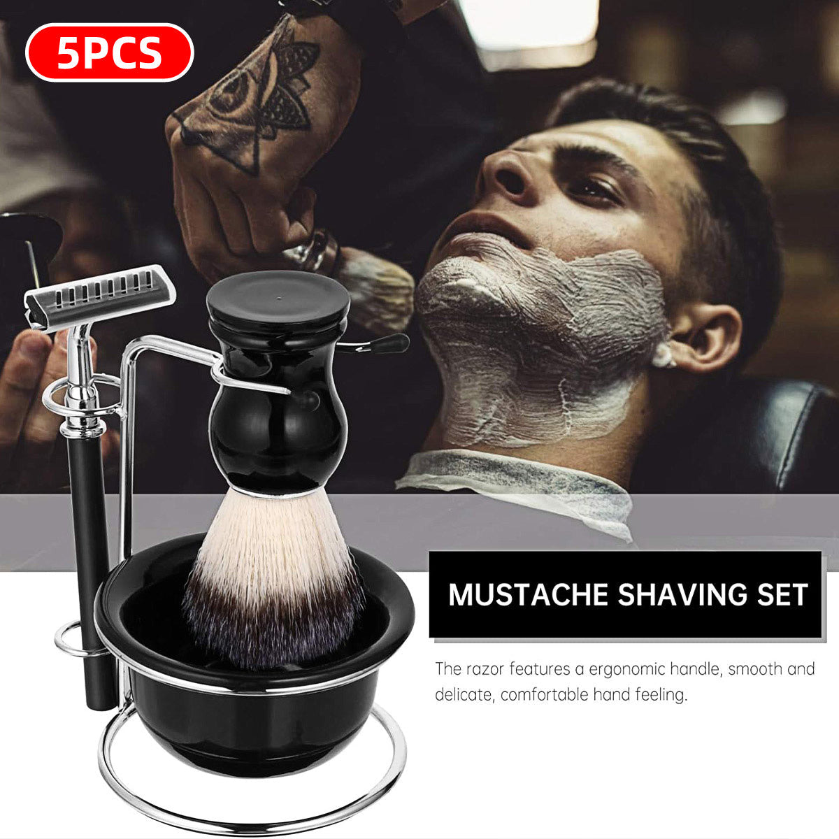 Shaving & Grooming: 5PCS Shaving Kit Set Manual Razor Brush Stand Bowl Set for Men