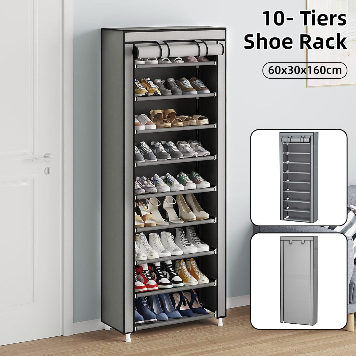 Shoe Storage: 10 Tier Black Shoe Rack Dustproof Organiser Shoe Storage Cabinet for Home Use