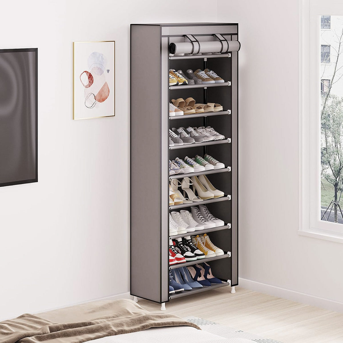 Shoe Storage: 10 Tier Black Shoe Rack Dustproof Organiser Shoe Storage Cabinet for Home Use