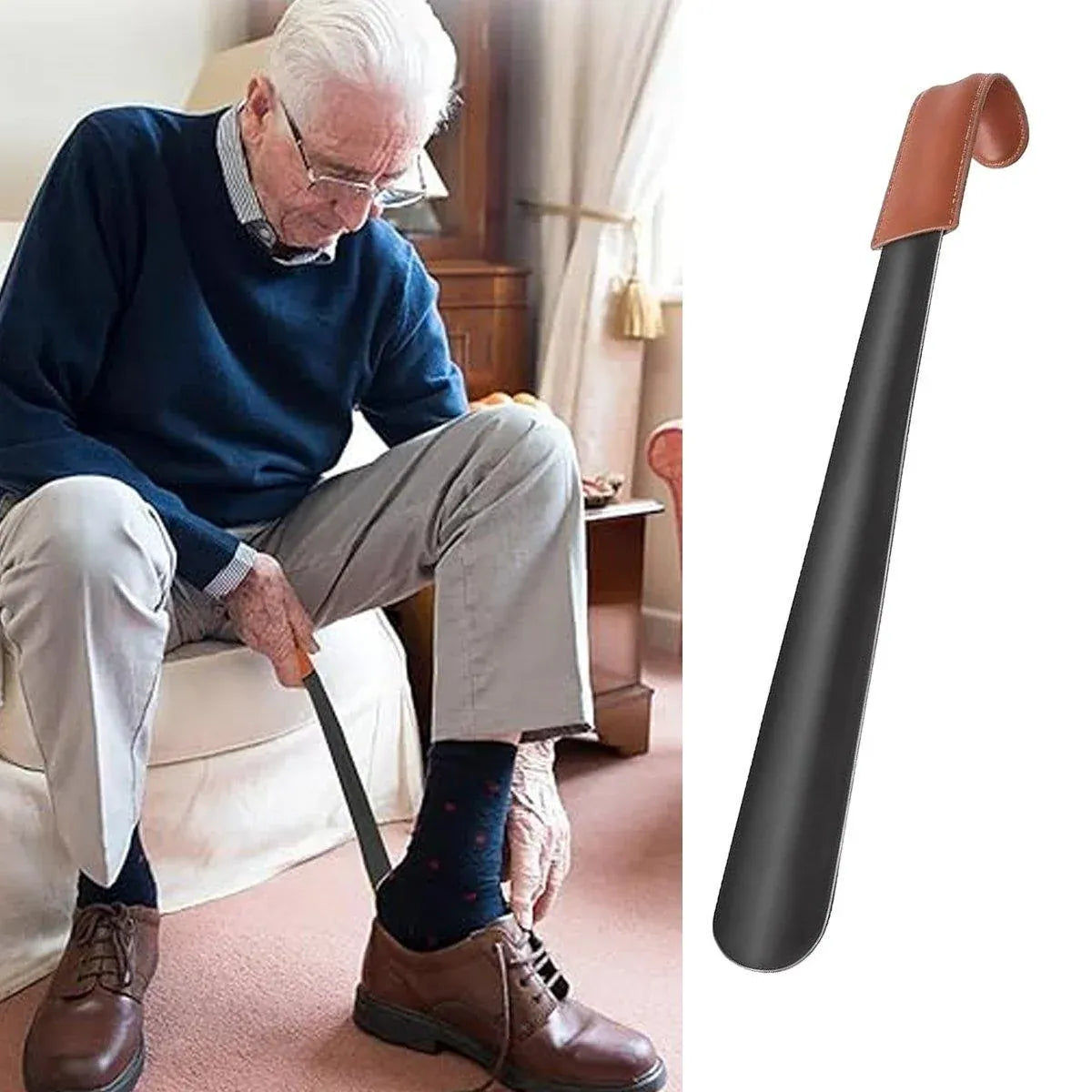 Long Handle Shoe Horn 42 cm Black with Brown Handle Sleeve, 1 Piece