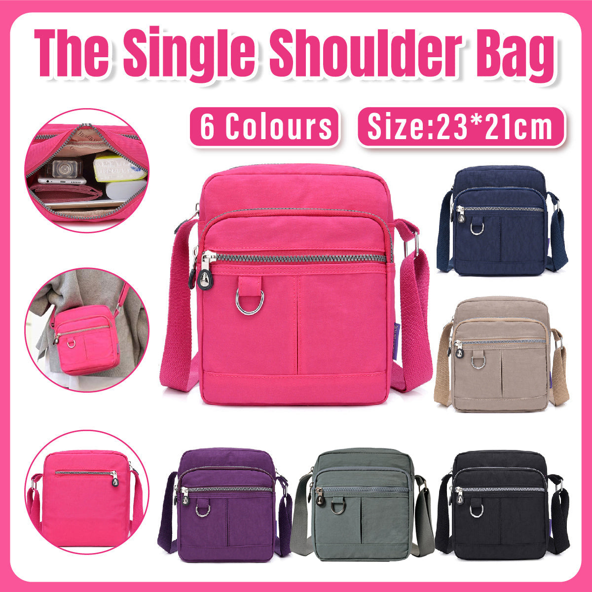 Men's Accessories: Ladies Shoulder Bag Nylon Fabric Lightweight Crossbody Small Casual Handbag - Black