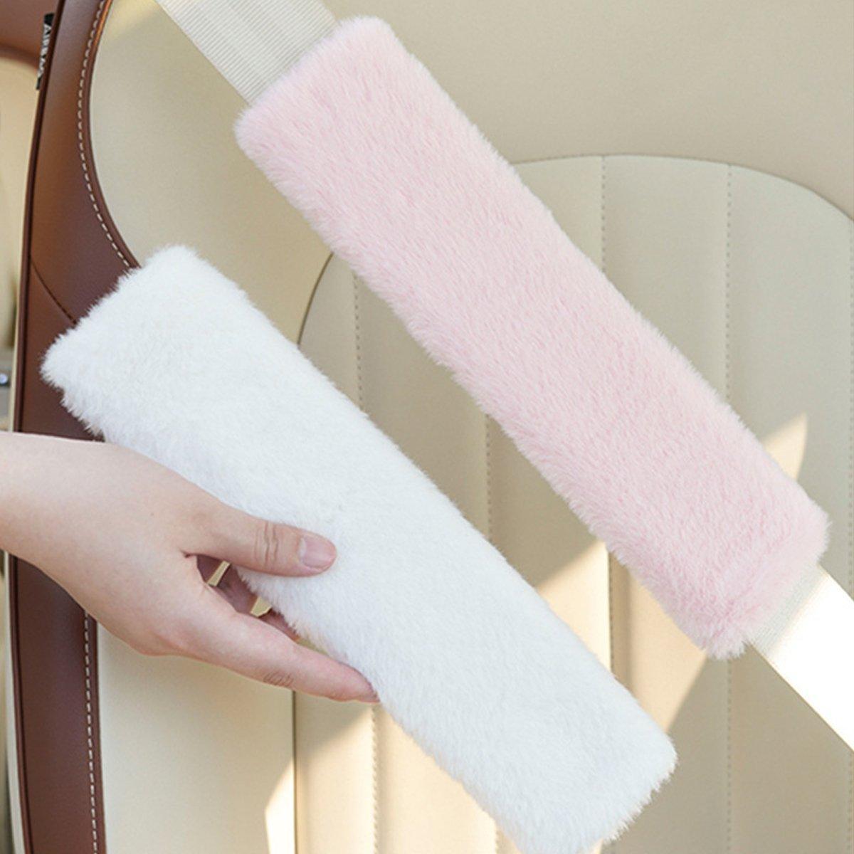 Automotive Parts: Winter Plush Shoulder Strap Cover Neck Cushion Pad for Comfortable Car Travel 2PCS - White