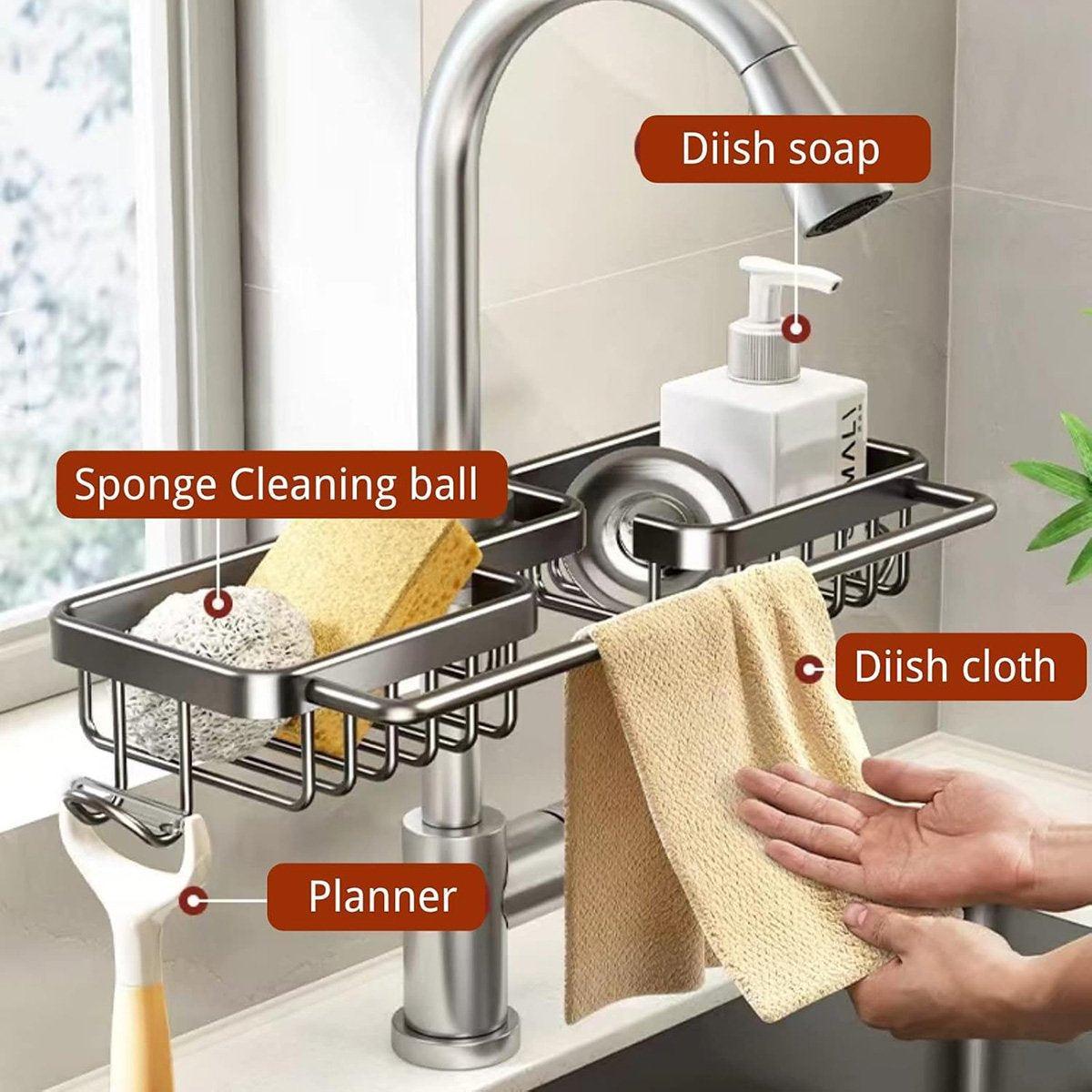 Kitchen & Dining Trolleys: Multifunctional Faucet Shelf Kitchen Storage Sink Draining Basket Household Rack - Grey