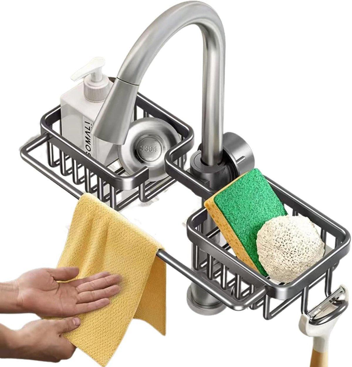 Kitchen & Dining Trolleys: Multifunctional Faucet Shelf Kitchen Storage Sink Draining Basket Household Rack - Silver