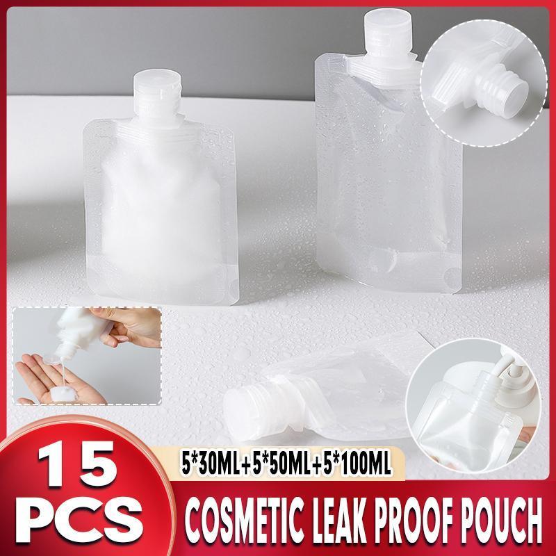 Cosmetic & Toiletry Bags: 15PCS Reusable Cosmetic Travel Leakproof Pouch Set 30ml 50ml 100ml