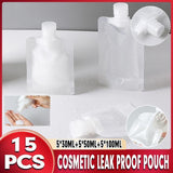 15PCS Reusable Cosmetic Travel Leakproof Pouch Set 30ml 50ml 100ml
