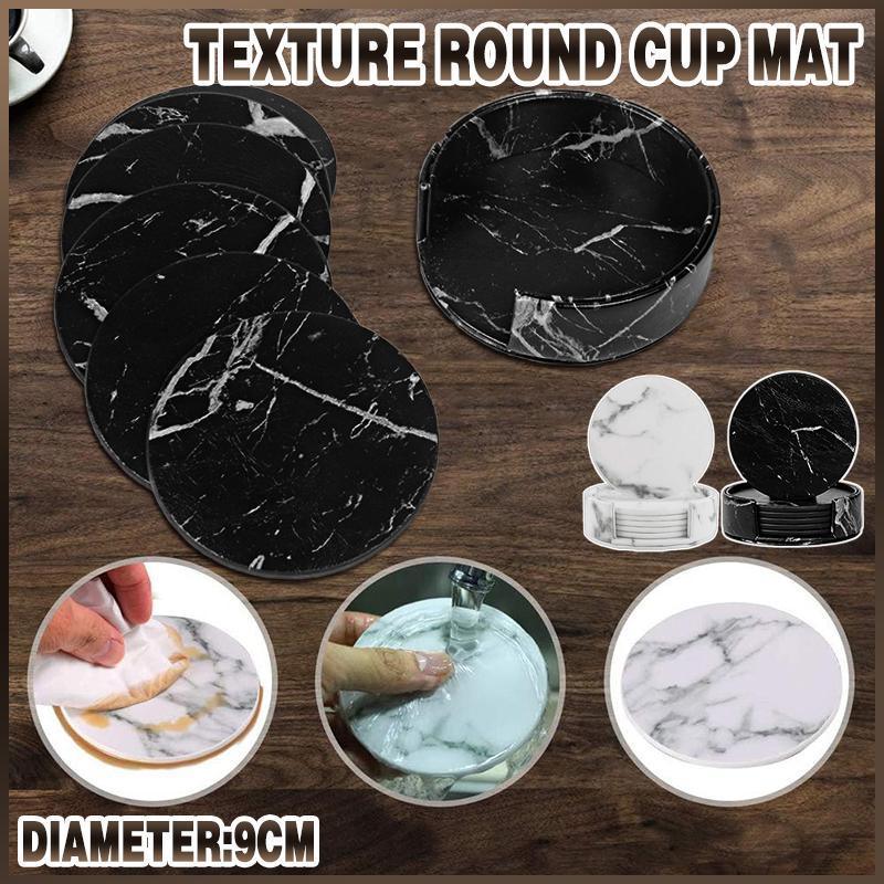 Coasters: 6x Coasters with Holder Marble Texture Round Cup Mat Pad Set For Drinks - Marble Black