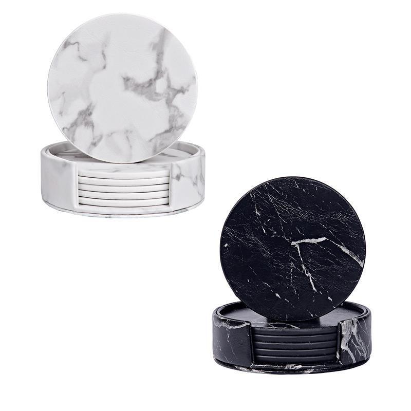 Coasters: 6x Coasters with Holder Marble Texture Round Cup Mat Pad Set For Drinks - Marble Black