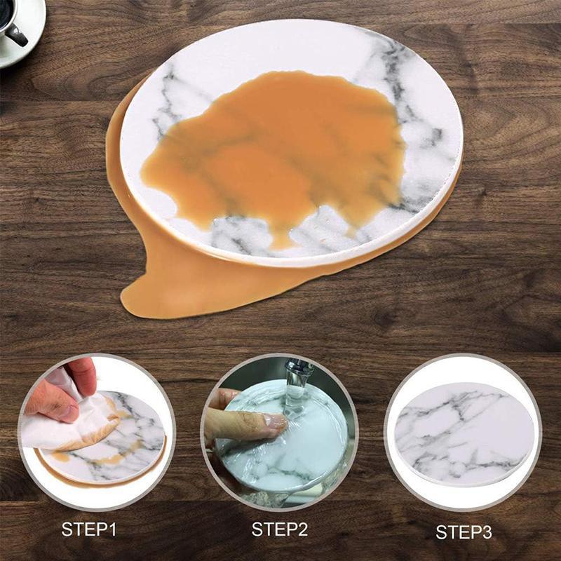 Coasters: 6x Coasters with Holder Marble Texture Round Cup Mat Pad Set For Drinks - Marble Black