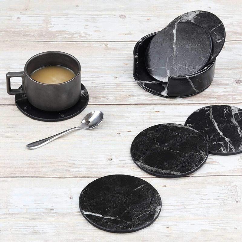Coasters: 6x Coasters with Holder Marble Texture Round Cup Mat Pad Set For Drinks - Marble Black