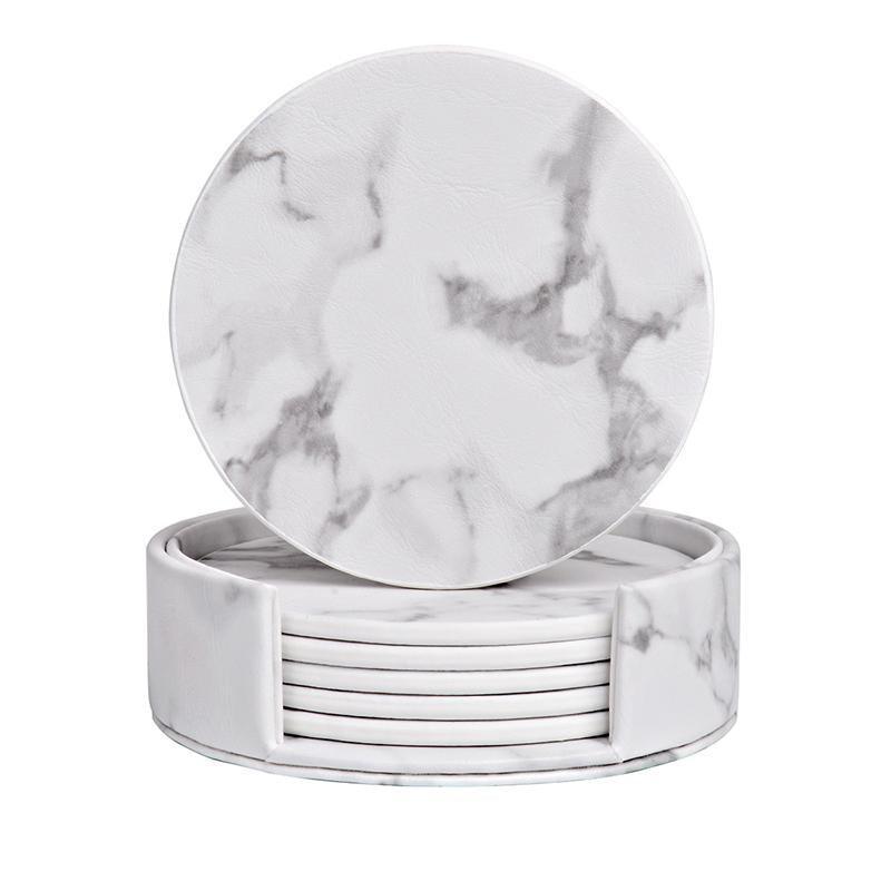 Coasters: 6x Coasters with Holder Marble Texture Round Cup Mat Pad Set For Drinks - Marble Black