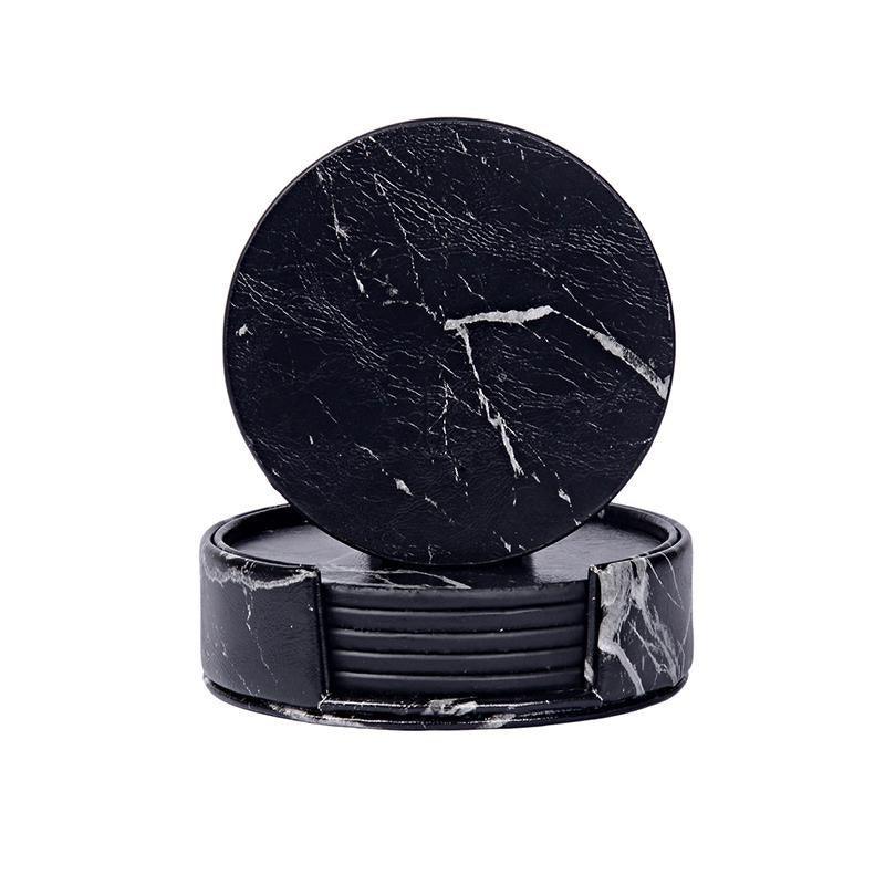 Coasters: 6x Coasters with Holder Marble Texture Round Cup Mat Pad Set For Drinks - Marble Black