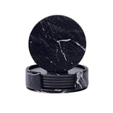 6x Coasters with Holder Marble Texture Round Cup Mat Pad Set For Drinks - Marble Black
