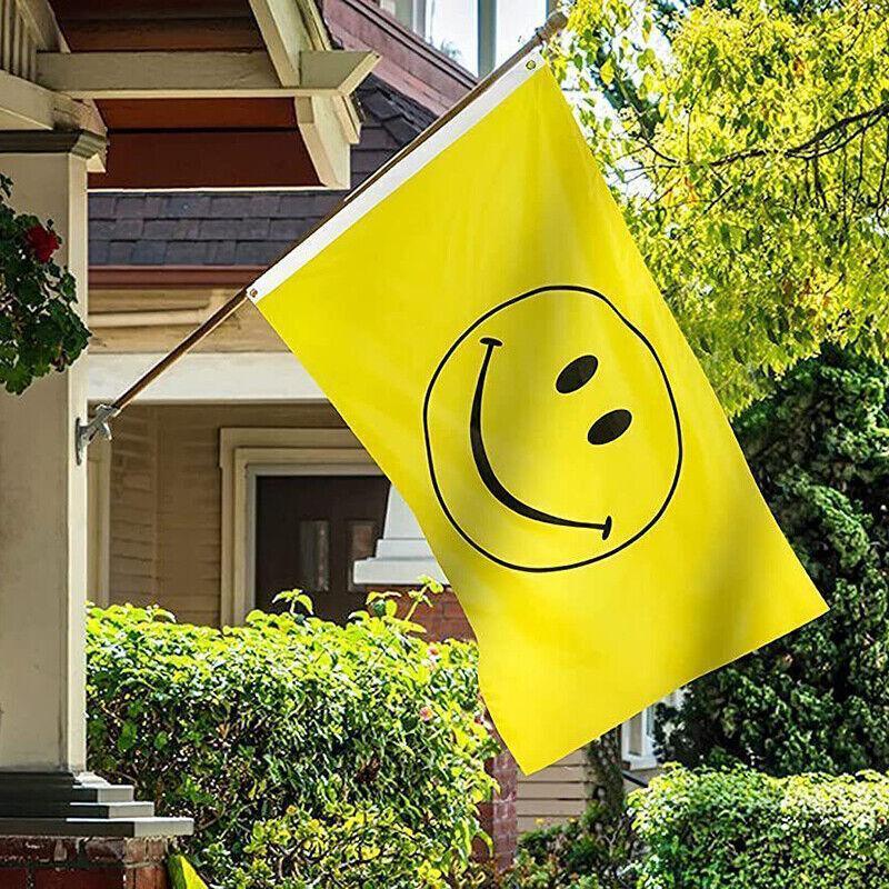 Outdoor Decorations & Lights: Large Yellow Smiley Face Flag Heavy Duty Outdoor Happy 90 X 150 CM - 3ft x 5ft