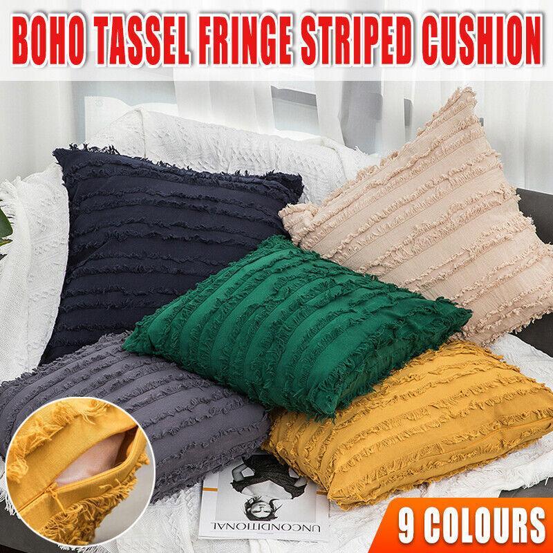 Cushions & Throws: Boho Tassel Fringe Striped Cushion Cover Soft Home Decor Sofa Throw Pillow Case - Khaki