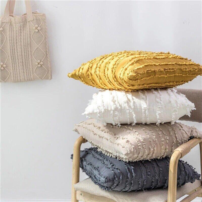 Cushions & Throws: Boho Tassel Fringe Striped Cushion Cover Soft Home Decor Sofa Throw Pillow Case - Khaki