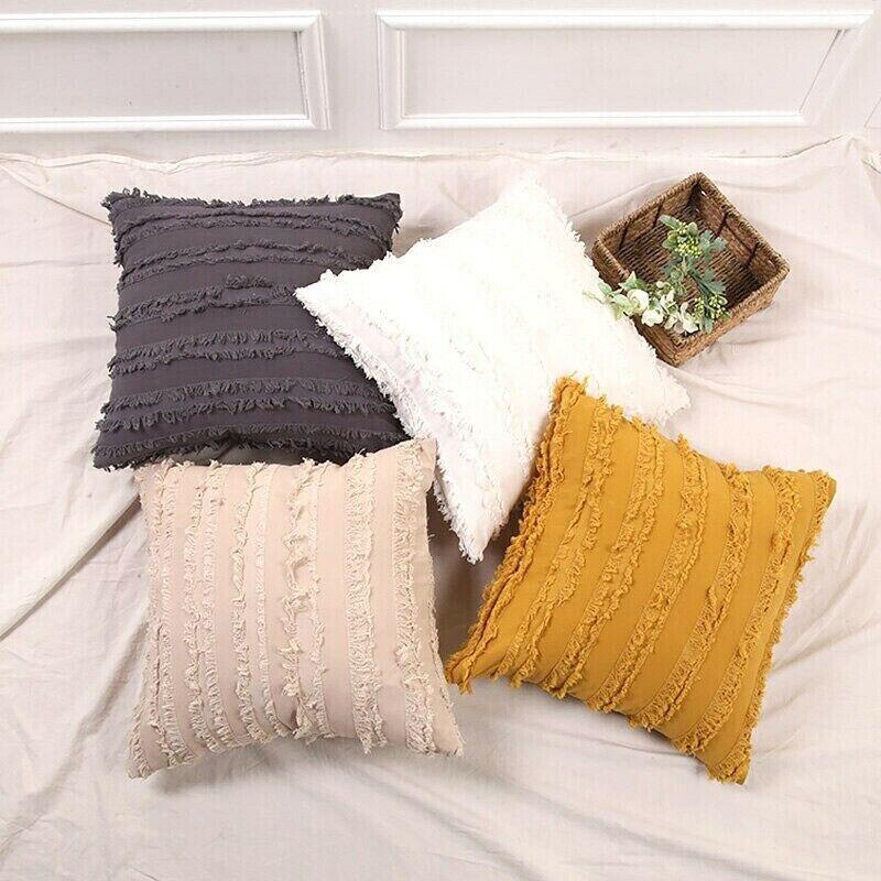 Cushions & Throws: Boho Tassel Fringe Striped Cushion Cover Soft Home Decor Sofa Throw Pillow Case - Khaki