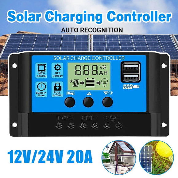 20A Solar Charge Controller 12V 24V LCD 2 USB Ports Lead-Acid Regulator