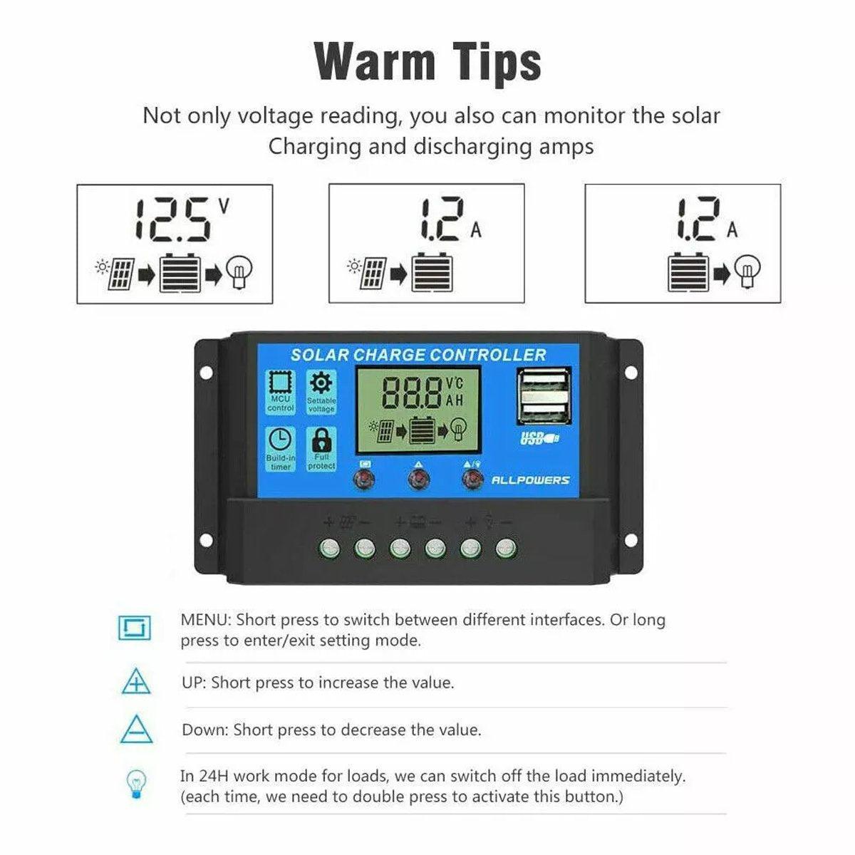 Power & Electrical Supplies: 20A Solar Charge Controller 12V 24V LCD 2 USB Ports Lead-Acid Regulator