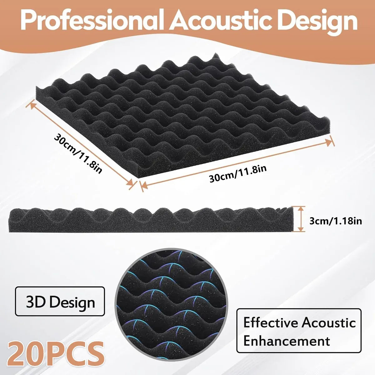 Black Egg-Crate Wall Panel Set 30 x 30 x 3 cm - 20 Pieces