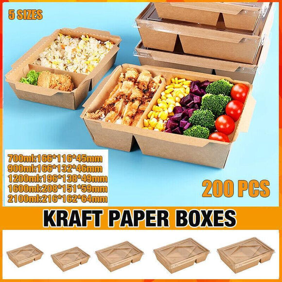 200 x Brown Bento Salad Pasta Rice Kraft Paper Lunch Box Takeaway Food Container - 900ml+PET lid