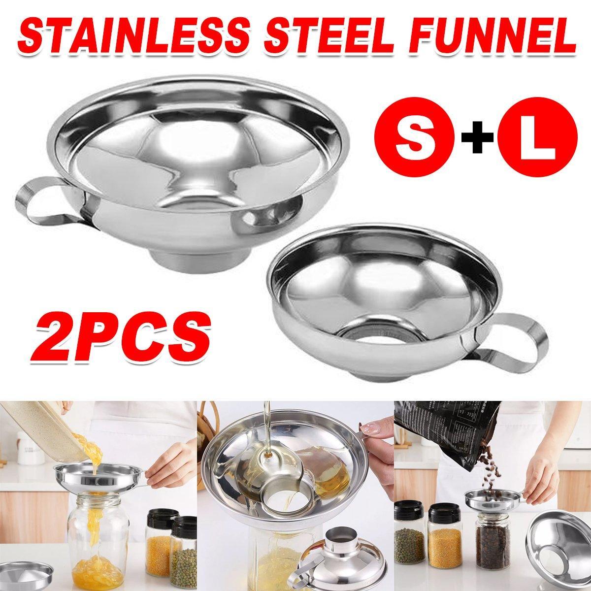 Kitchen Utensils: 2pcs Stainless Steel Wide Mouth Funnel Large Bore Oil Drain Household Funnel Set