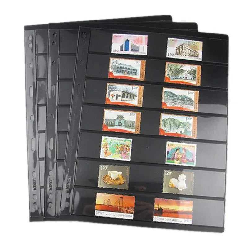 10 Pcs Stamp Album Refill Pages, Double Sided Black 7-Strip Sheets with 9 Holes