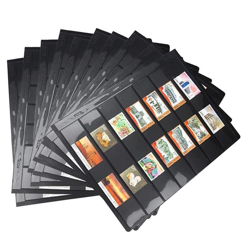 10 Pcs Stamp Album Refill Pages, Double Sided Black 7-Strip Sheets with 9 Holes