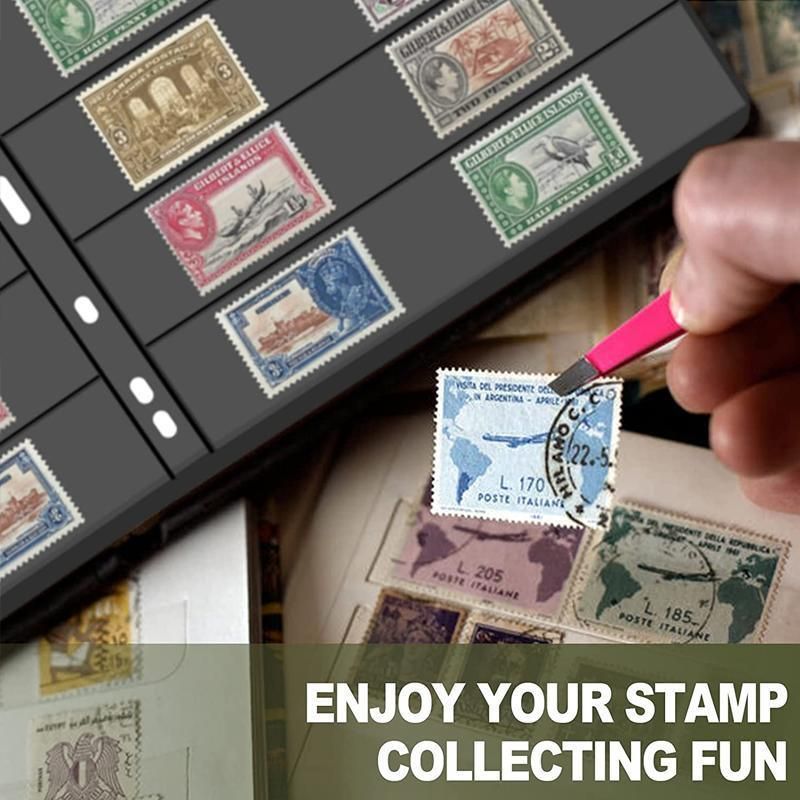 10 Pcs Stamp Album Refill Pages, Double Sided Black 7-Strip Sheets with 9 Holes