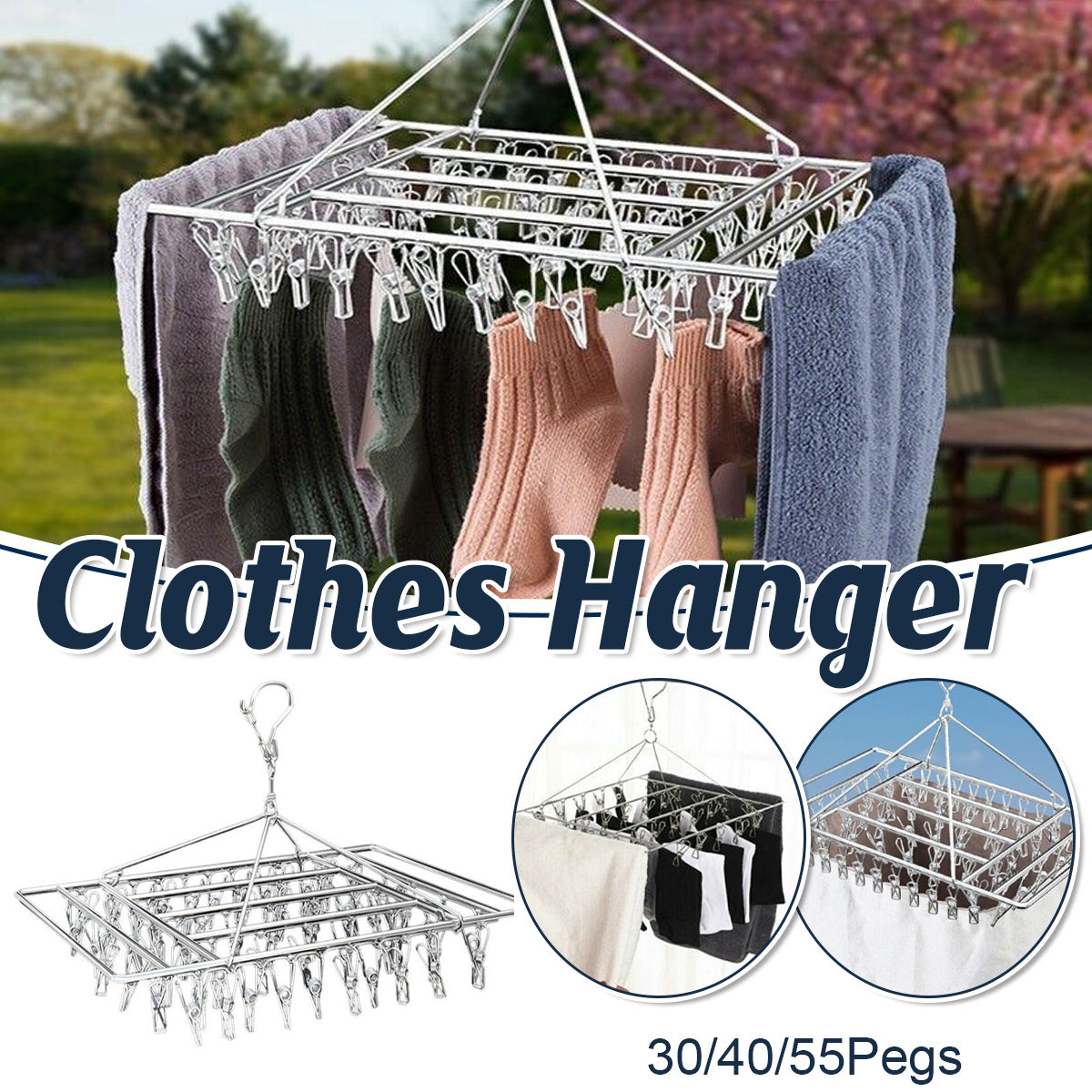 Drying Racks & Hangers: 30/40/55 Pegs Stainless Steel Laundry Sock Underwear Clothes Dryer Rack Hanger - 30Pegs