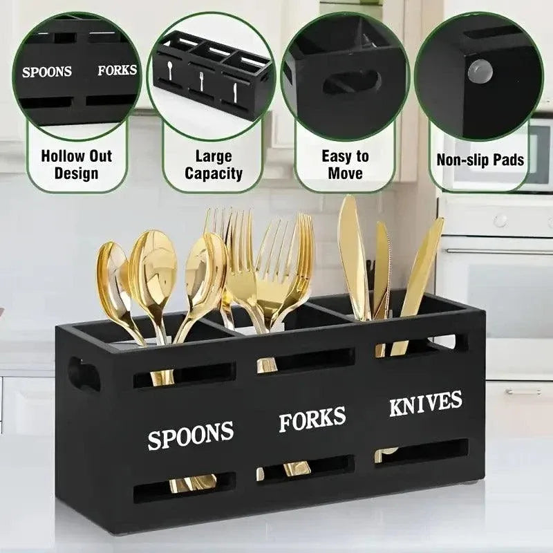 Black Three-Compartment Cutlery Organiser 25.5 x 8.7 x 11 cm - 1 Piece