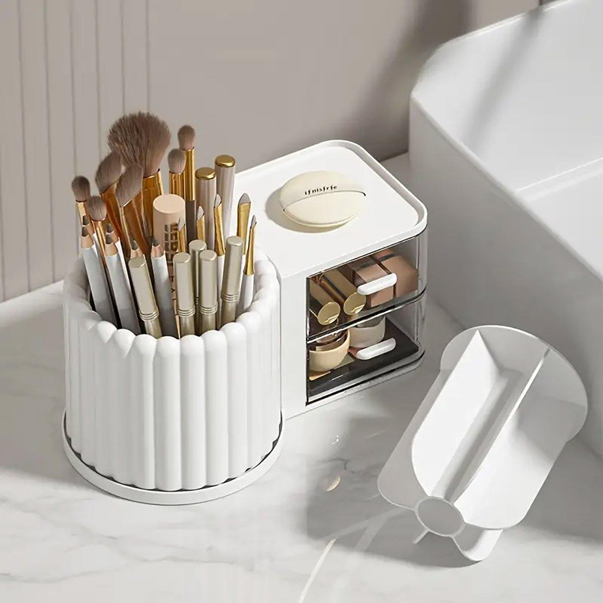 Rotating Cosmetic Pen Holder Dustproof Waterproof Storage Box Sanitary Organizer - White