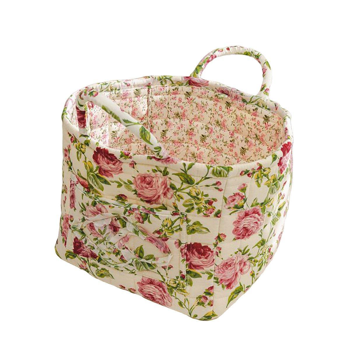 Clothing & Wardrobe Storage: Portable Fabric Storage Basket Korean Pastoral Style Organizer for Home Sundries - Floral2