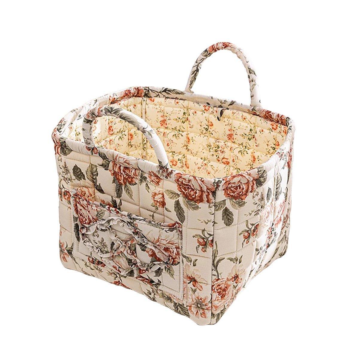 Clothing & Wardrobe Storage: Portable Fabric Storage Basket Korean Pastoral Style Organizer for Home Sundries - Floral2