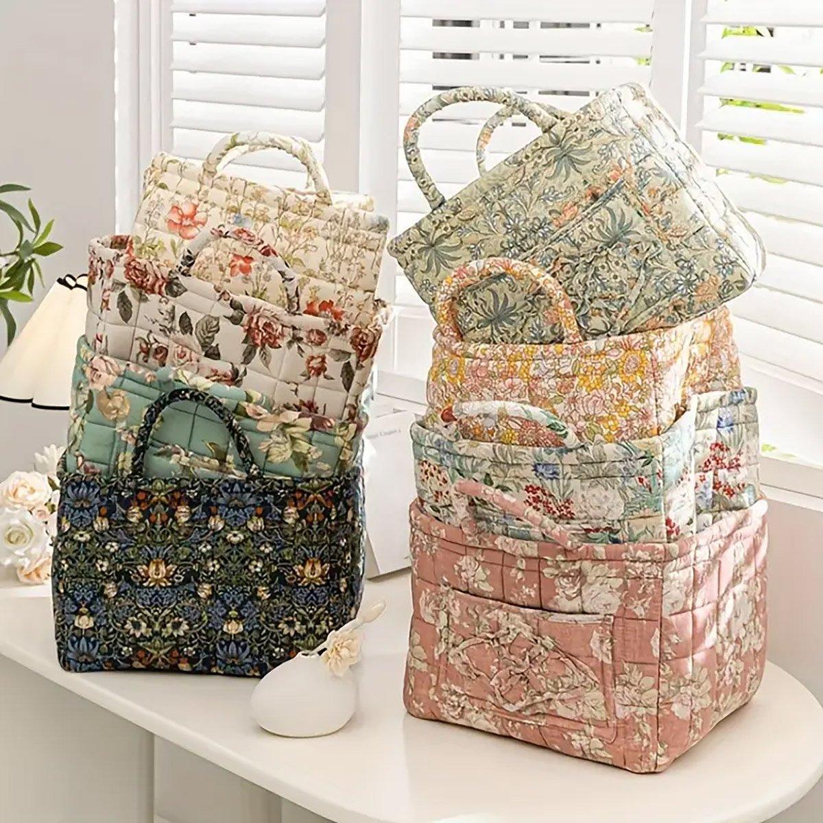 Clothing & Wardrobe Storage: Portable Fabric Storage Basket Korean Pastoral Style Organizer for Home Sundries - Floral4